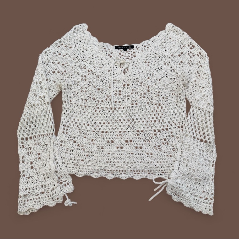 Marco-G Cream Crochet Boho Bell Sleeve Feminine Knit Top Size M